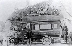 Outing from The Seven Stars. An open top bus outside the Seven Stars run by Bath Electric Tramways Ltd. The company operated electric trams in Bath between 1904 and 1939.