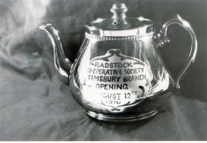Memorial tea pot for the opening of the Timsbury Branch of the Radstock Co-operative Society.