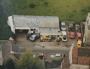 An aerial view of the original Timsbury Service Station building.