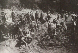 This postcard was sent during the General Strike of 1926. It shows Timsbury miners who had worked in neighbouring pits since 1916, but now on strike, scavanging for coal on the derelict Upper Conygre spoil heap. Permission had been given by John Stucley Palmer of Timsbury House.